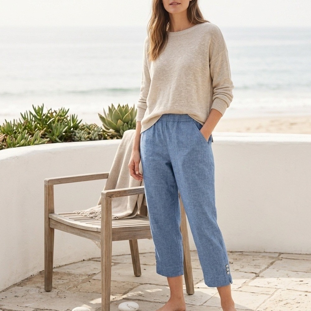Habitat Pants Large Blue Linen Cotton Blend Button Hem Elastic Waist Cropped